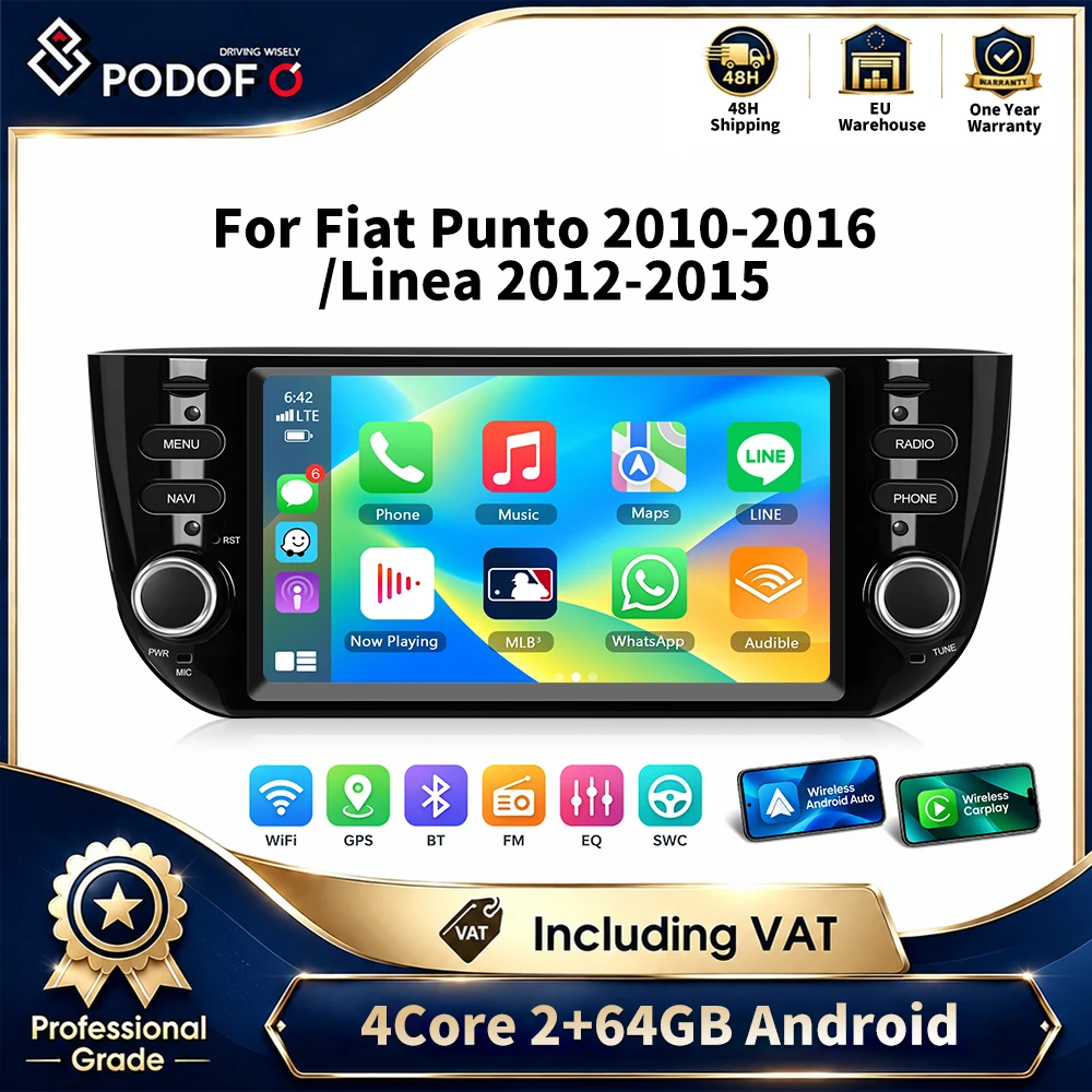 Autoradio Android Podofo con schermo touchscreen in vetro temperato 2.5D HD da 6,2'', 2GB+64GB, navigazione GPS, WiFi, Bluetooth, FM, lettore USB, CarPlay wireless e Android Auto per Fiat Punto Linea