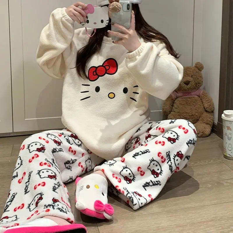 Cartoon Hello Kittys carino caldo corallo velluto pigiama da donna inverno addensato studente indumenti da notte Anime Sanrioed peluche loungewear