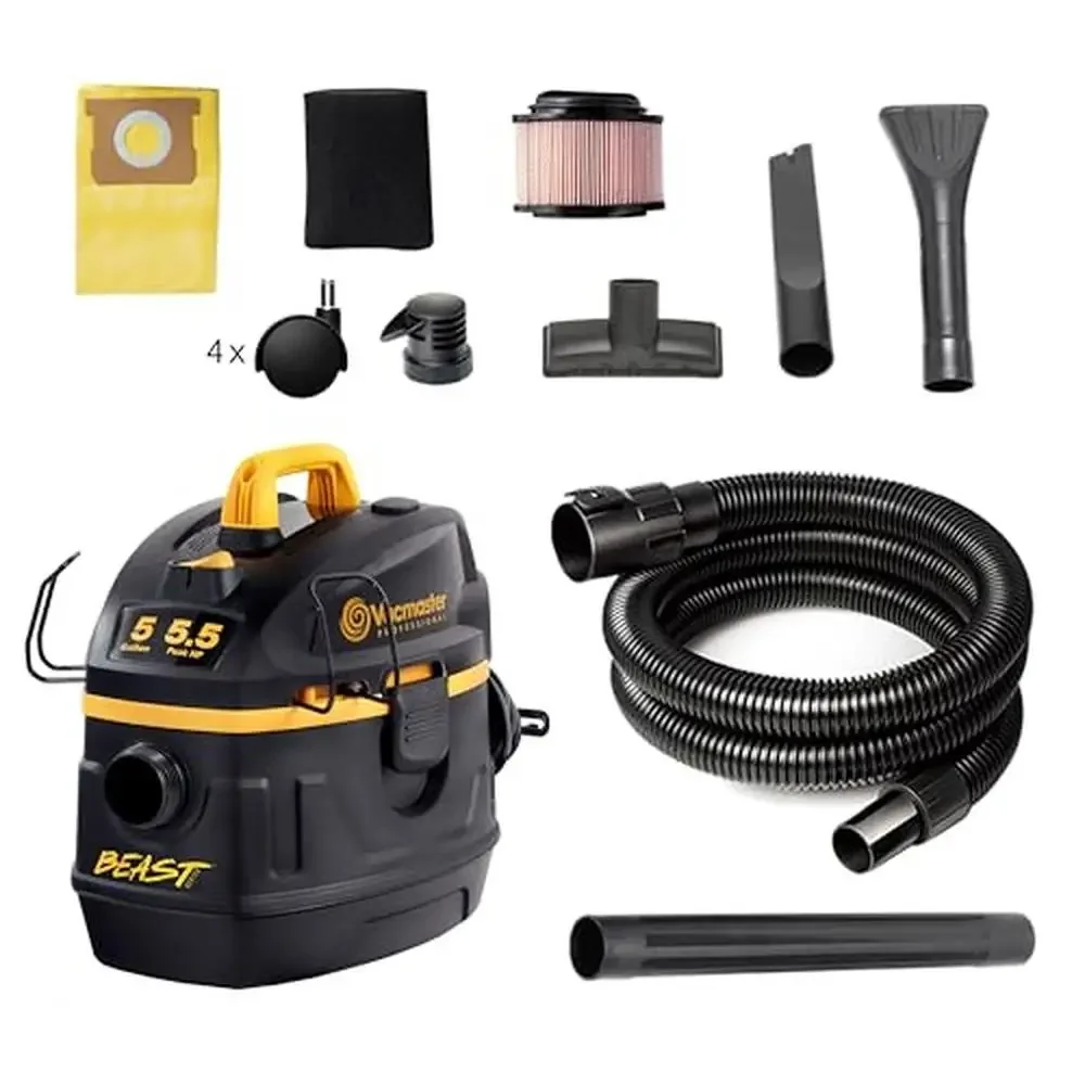 5-Gallon Wet/Dry Vacuum with 5.5 Peak HP Motor & 320 Air Watts Cartridge Filter & Dust Bag 25ft Cleaning Reach 9 Accessories