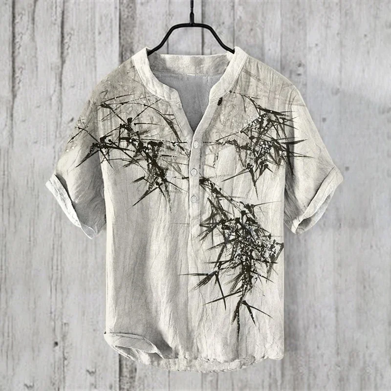 Camisa de lino de manga corta con cuello en V y estampado de tiburón sentado, camiseta suelta informal de moda de comercio exterior, camisa de lino de bambú, nueva