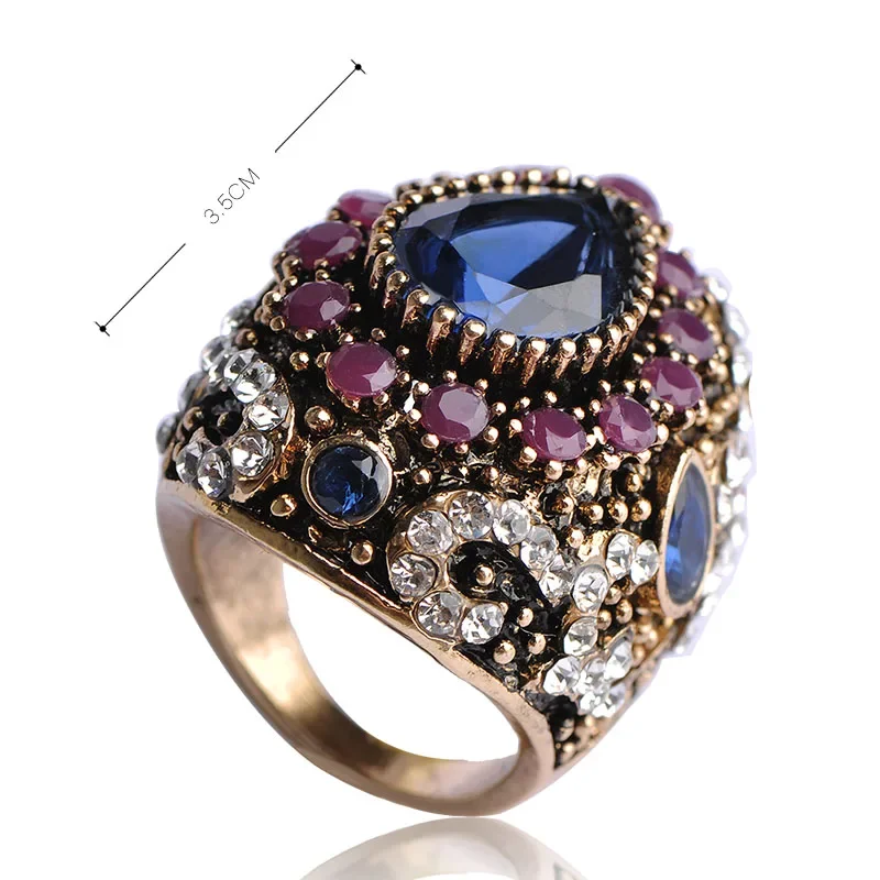 Blucome Turkish Big Size Rings Blue Vintage Women Jewelry Anel Anillo Turco Anies Femininos Antique Gold Color Finger Bijoux