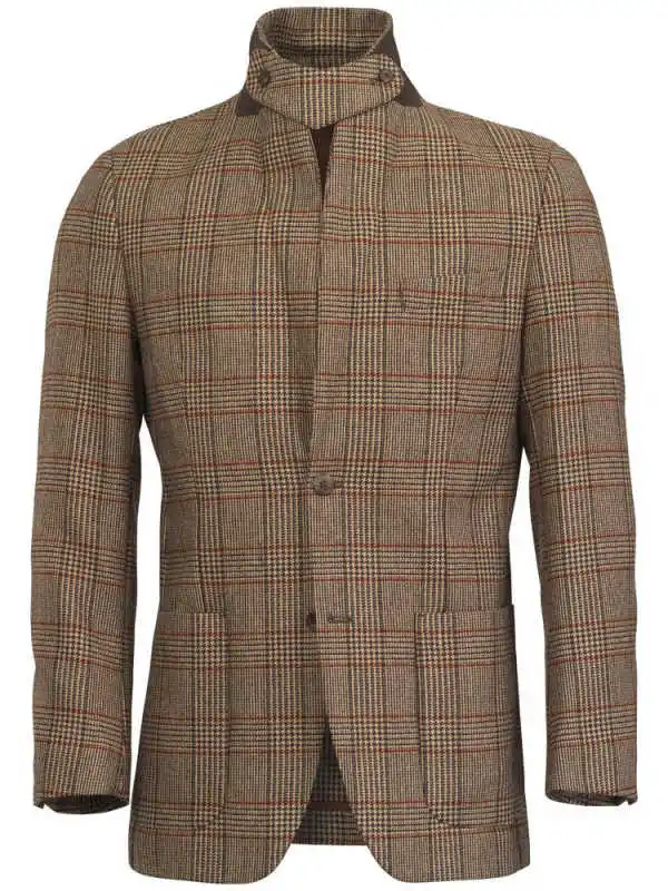 Retro Plaid Woolen Men Blazer Stand Collar Single Breasted Pocket Design Outfit For Business Reception Customized