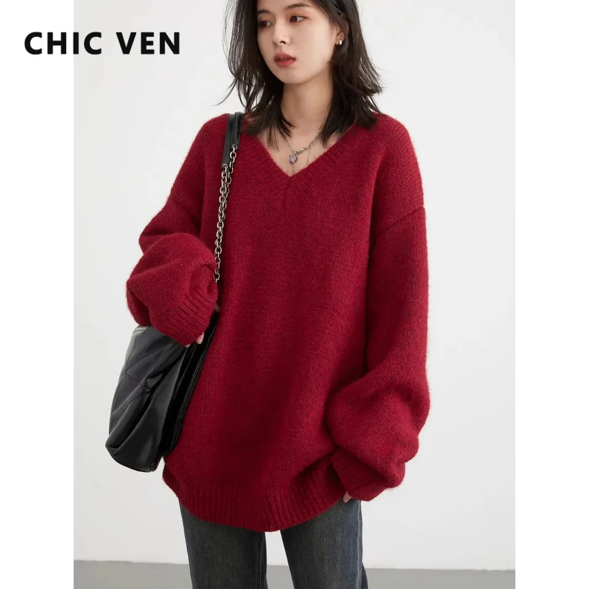 CHIC VEN Women Sweaters Korean Solid Loose V-neck Knitted Pullovers Fashion Ladies Tops Female Clothing Autumn Winter New 2024