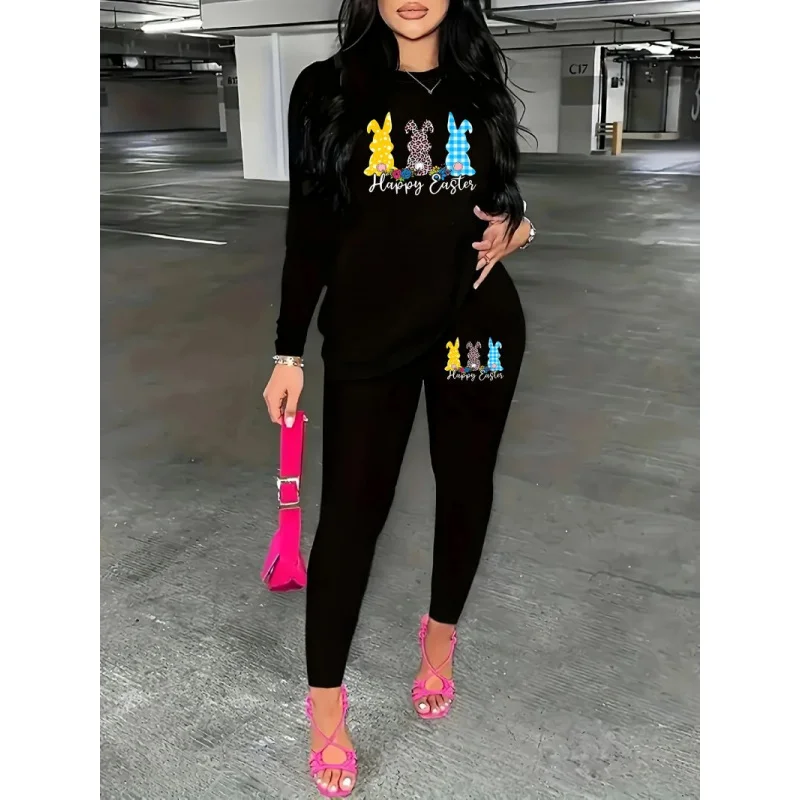 เสื้อยืดแขนยาวคอกลมพิมพ์ลายสร้างสรรค์สำหรับผู้หญิงและกางเกงชุดสองชิ้นสำหรับฤดูใบไม้ผลิ ฤดูใบไม้ร่วง และฤดูหนาว