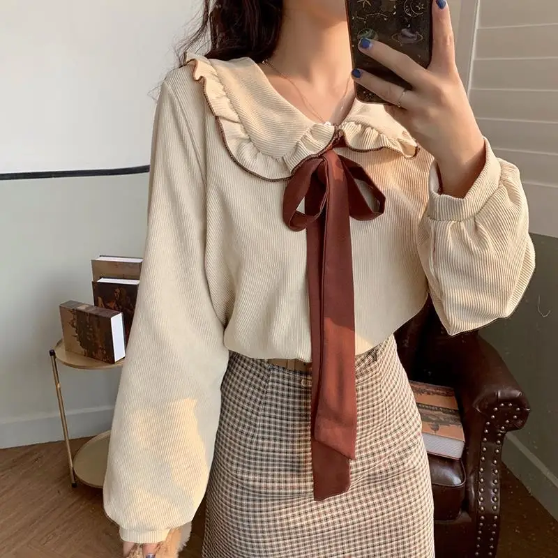 Corduroy Long Sleeve Shirts for Women Cute Peter Pan Collar Autumn Vintage Tops Sweet College Girls French Stylish Lace-up Shirt