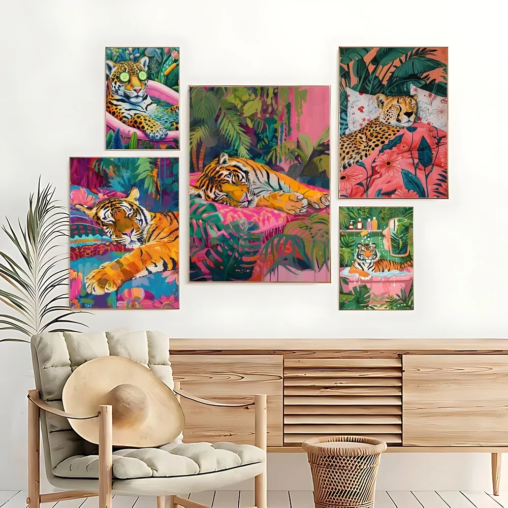 الملونة حوض الاستحمام الحيوان النمر زيبرا القط الأسود الكرتون المشارك قماش اللوحة الفن ديكور المنزل طباعة لغرفة المعيشة ديكور