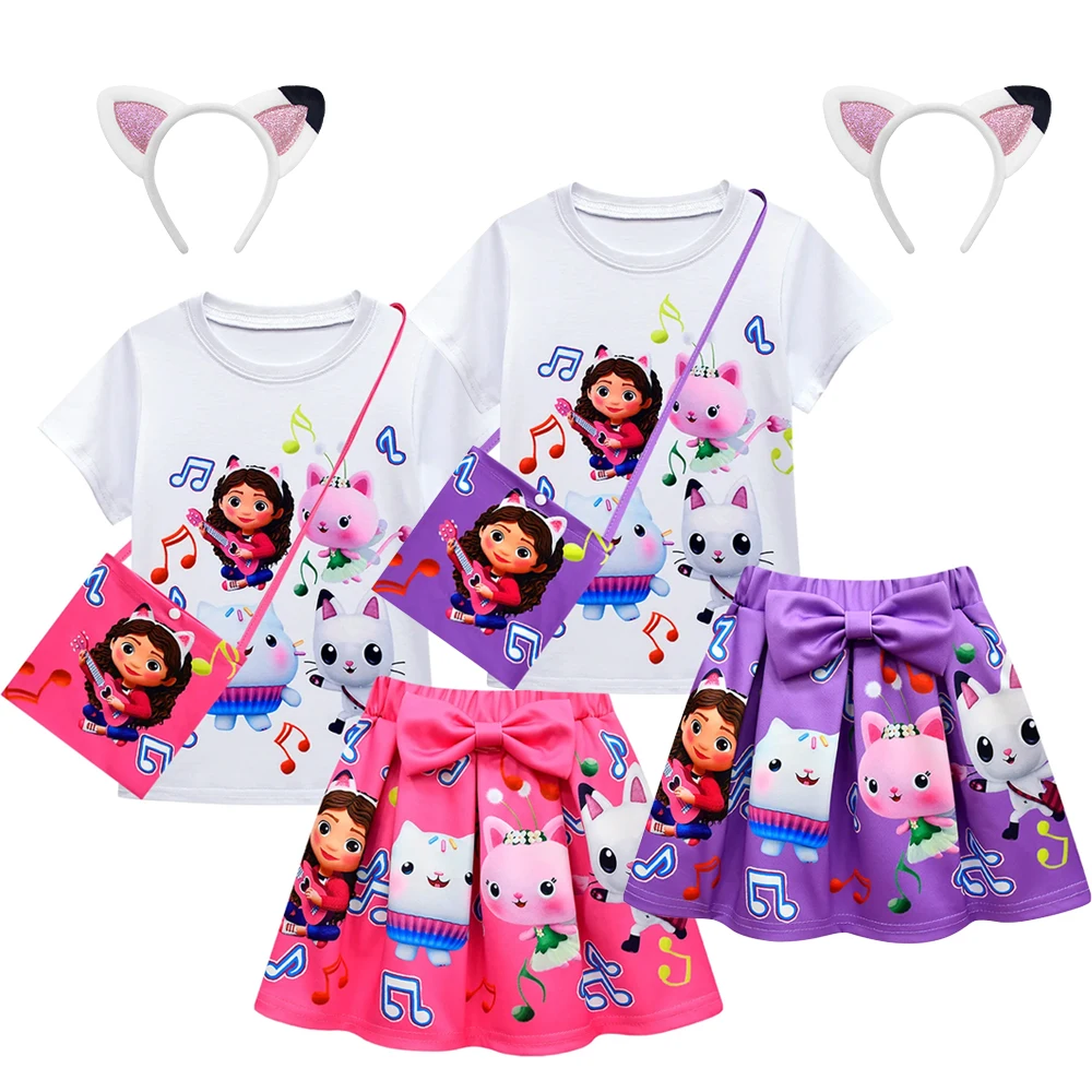 GabyDoll Cat house Girls Clothes Sets Summer Cats-tastic Tops+Bow Cartoon Print Skirt+Bag+Headband 4pcs Children\'s Clothing Suit