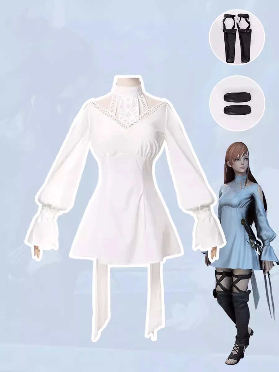 

Game Final Fantasy XIV Ryne Minfilia Cosplay Costume FF14 Women White Dress Leg Cover Suit Halloween Party Role Play Clothing