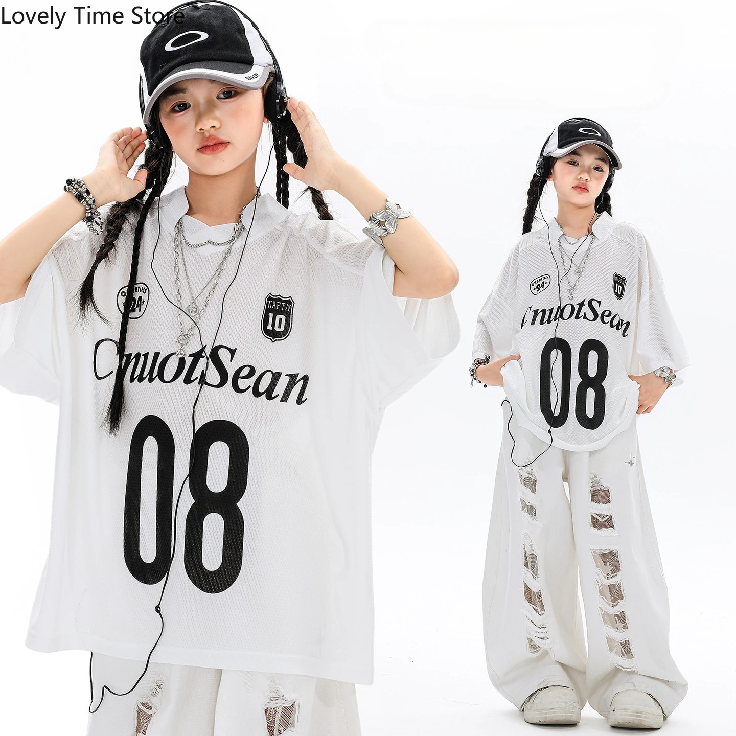 

Хип-хоп девушки ‌ Сетчатая футболка для уличных танцев, рваные модные брюки, детская уличная одежда, детский групповой костюм для джазовых девочек, комплект одежды K-pop