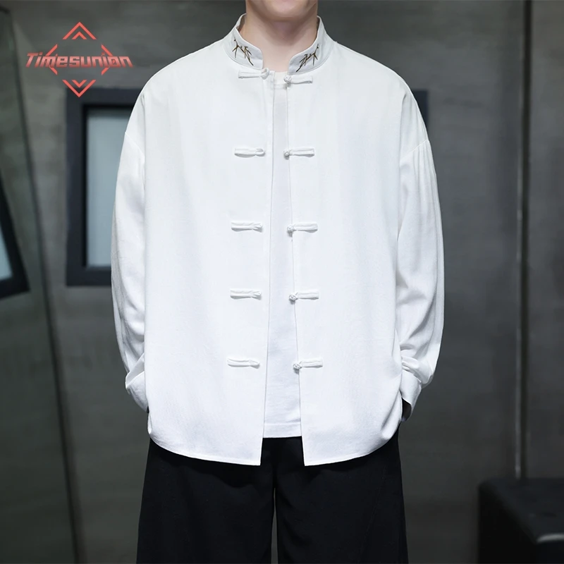 

Chinese Style Men's Long Sleeve Cotton Linen Shirt Spring Autumn Embroidery Button up Top Coat Casual Western Suit