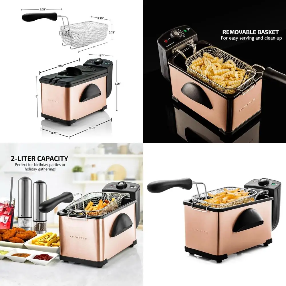 

Электрическая фритюрница объемом 2 л, мощностью 1500 Вт, регулируемой температурой, съемной корзиной, фильтром запаха и корпусом из нержавеющей стали.