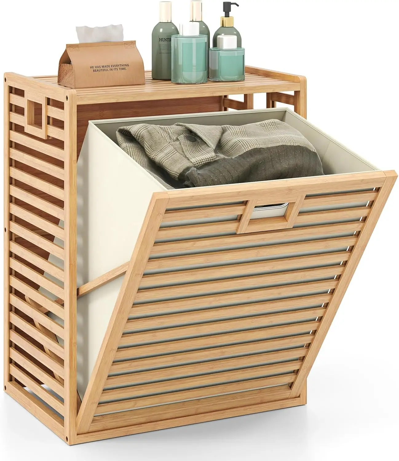 Giantex Bamboo Tilt Out Laundry Hamper with Removable & Foldable Fabric Bin