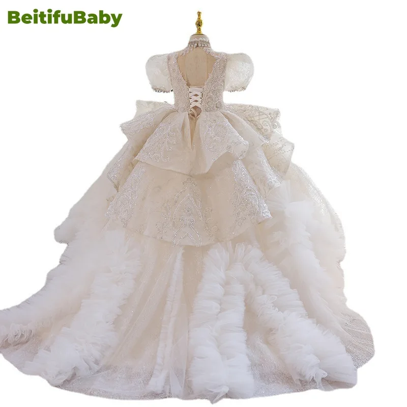 Beitifu Baby-Robes de demoiselle d'honneur pour filles, robe de Rhà plusieurs niveaux, style princesse, perles et paillettes, manches courtes, fête de mariage, éducatif