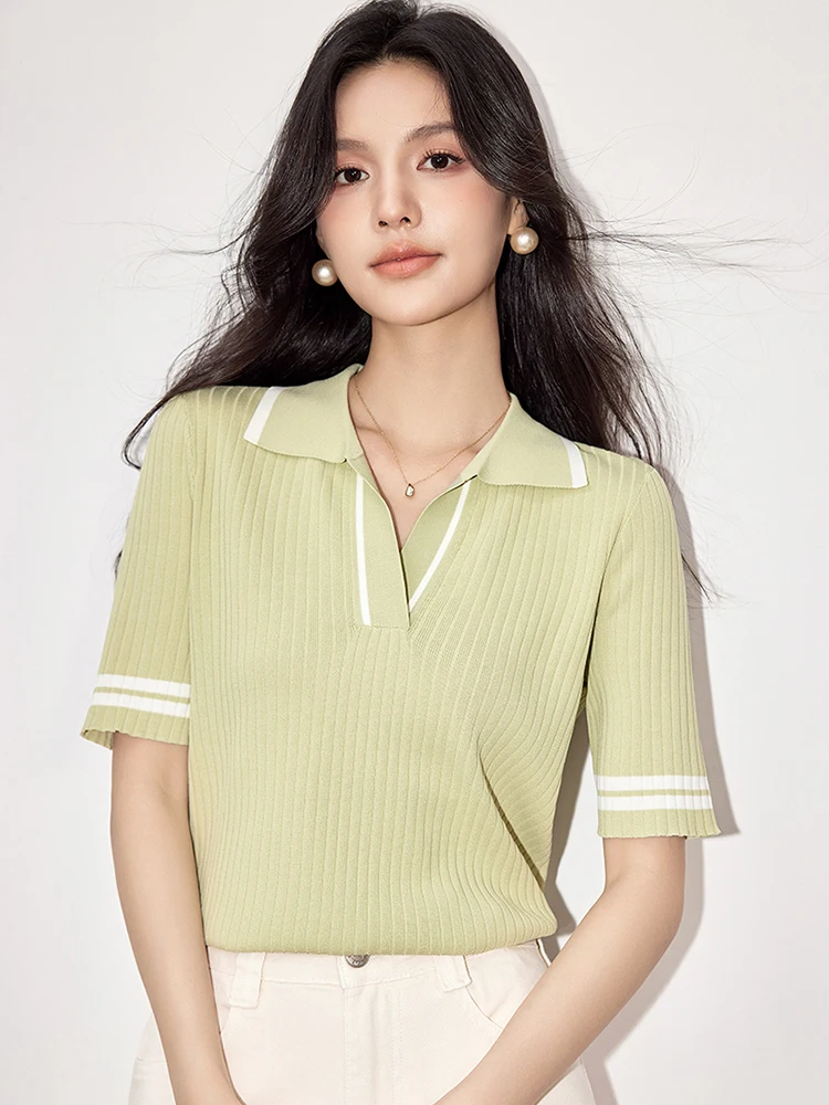 Camisa de solapa de manga corta de estilo coreano para mujer, Tops de Color sólido, Camiseta de punto elegante, nueva moda de verano