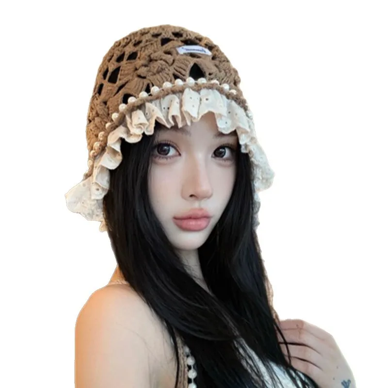 

New pearl fringed pullover hat handmade crochet lace lace knitted hat bohemian ethnic style stacking hat