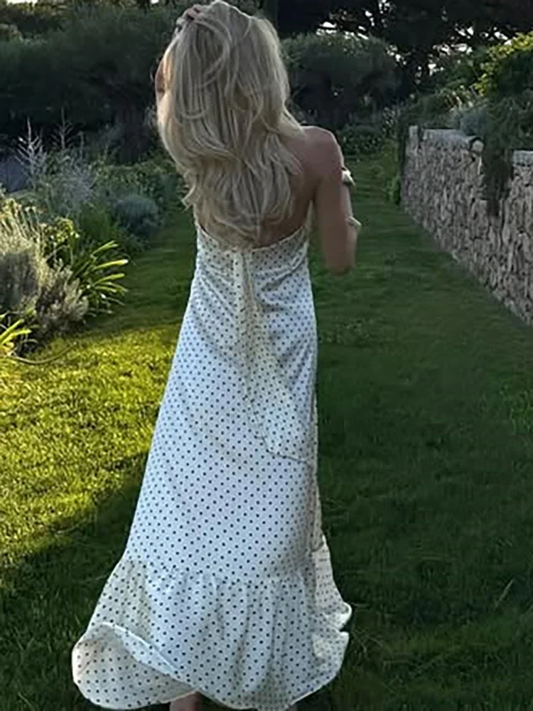 セクシーな背中の開いたプリント水玉ホルター女性マキシドレスサテンレースアップドレス夏スキニーエレガントパーティーイブニングドレス