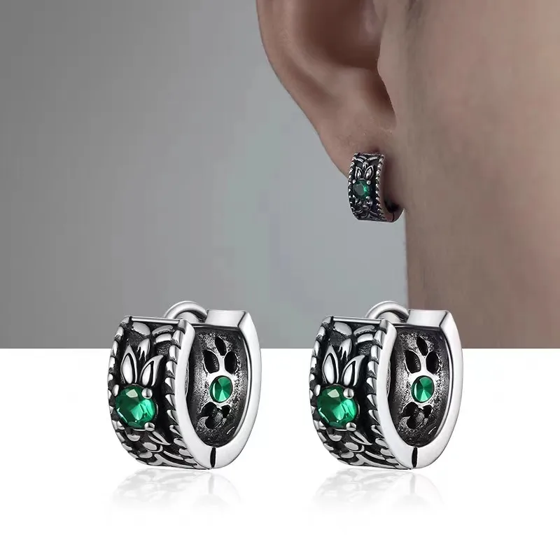 Silver-Plated Fashionable Leaf Green Zircon Hoop Earrings Hypoallergenic Earrings for Men and Women Trendy Jewelry