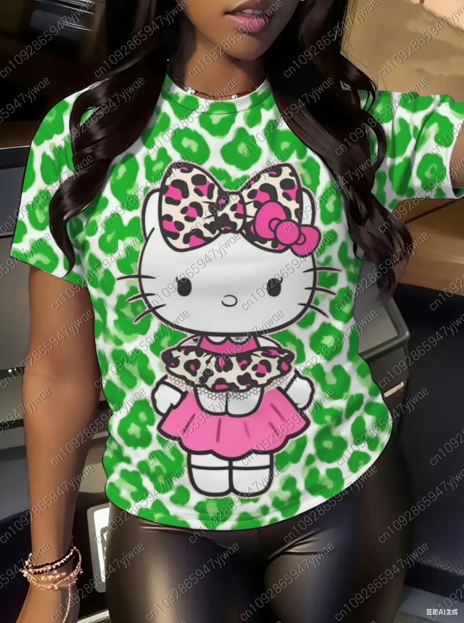 2025 Donna Leopard KITTY Stampa Donna Estate Basic Manica corta O-Collo Tees Casual Retro Ladies Sport Plus Size Abbigliamento donna