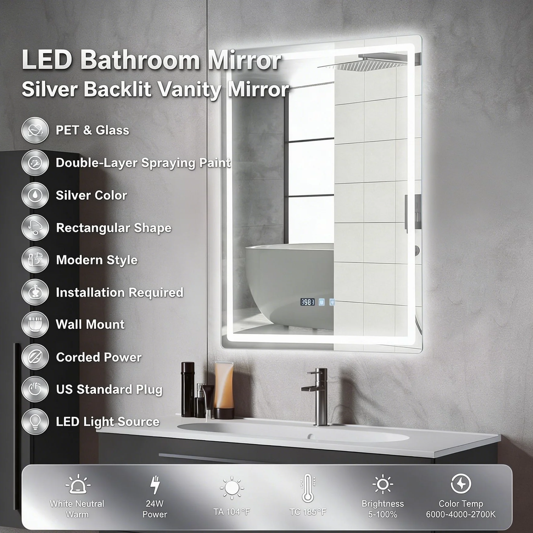 Bathroom Mirror Led - 23.62*31.5 дюймов, светодиодное зеркало для ванной