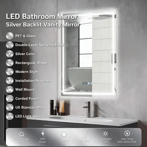 23.62*31.5in LED-Bathroom-Mirror-With-Lights, Bathroom Mirror With Light De-Fogging Time, Dimmable Anti-Fog Mirror