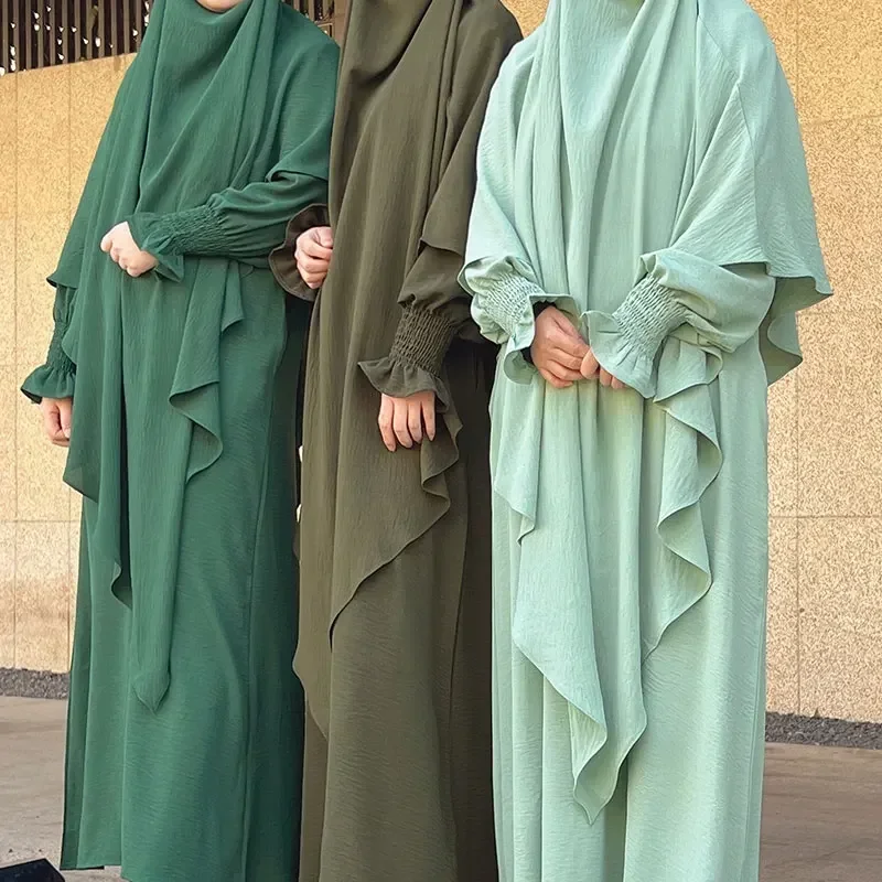 Conjunto Abaya Khimar de 2 piezas para mujer, ropa de oración Jilbab, bufanda de Hijab con puño ahumado, vestido de Dubái, traje musulmán islámico,