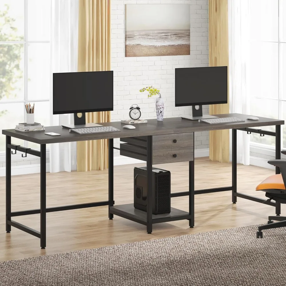 79 inch extra lang bureau, dubbel bureau met 2 lades, tweepersoons bureau lang computerbureau met opbergplanken, schrijven