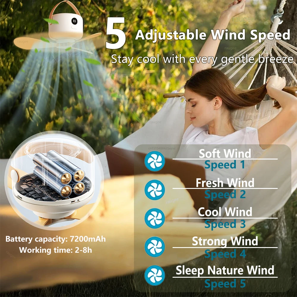 مروحة سقف محمولة لاسلكية 7200 مللي أمبير في الساعة USB قابلة لإعادة الشحن للتخييم مع جهاز تحكم عن بعد وإضاءة للخيمة