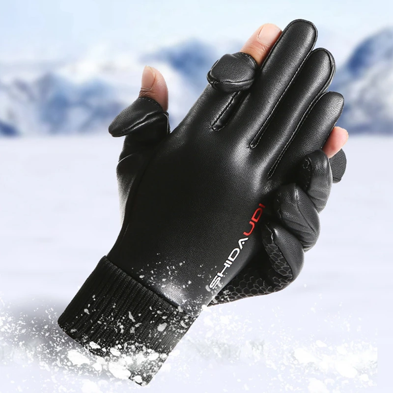 

Outdoor Winter Warm Sports Ski Snow Pu Leather Gloves Fishing Motorcycle Cycling Fleece Anti-slip Touchscreen Waterproof Gloves