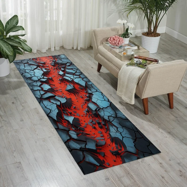 3D Visual Illusion Runner Rug Magma Suspension Bridge Pattern Game Floor Mat Entrance Bedside Sofa Carpet Home Decoration