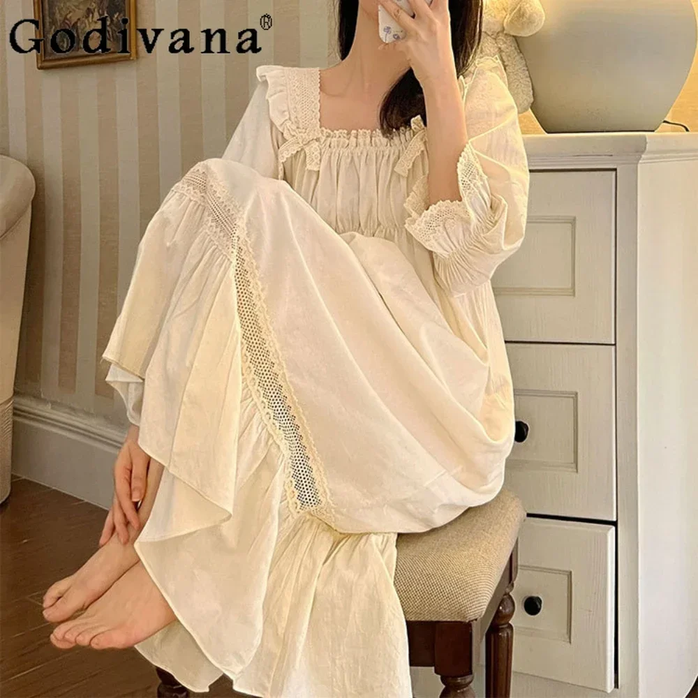 

Korean Sweet Dress Vintage Cotton Pajamas Court Style Women Sleepwear Princess Casual Sleepwear