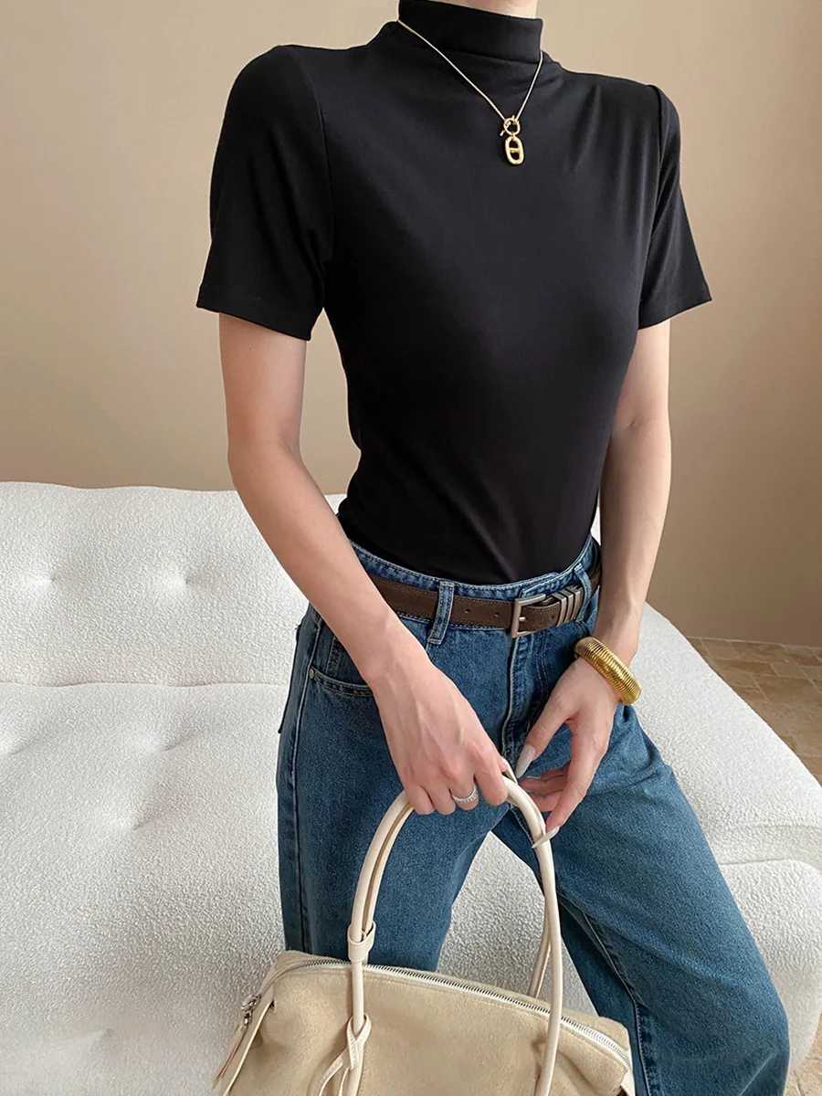 

Women's casual solid color half high neck shoulder slimming short sleeved T-shirt