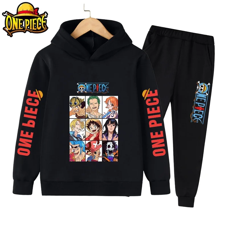 

2025 Boys Hoodie and Sweatpants Set with Pockets Japanese Anime One Piece Luffy Zoro Klids Girls Casual Hooded Sweatshirt Tops