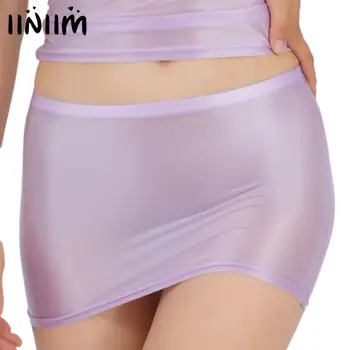 Sexy Vrouwen Volwassen Lingerie Olie Glanzend Rekbaar Laagbouw Minirok Effen Kleur Korte Buis Rok Nachtclub Rave Party Kostuum