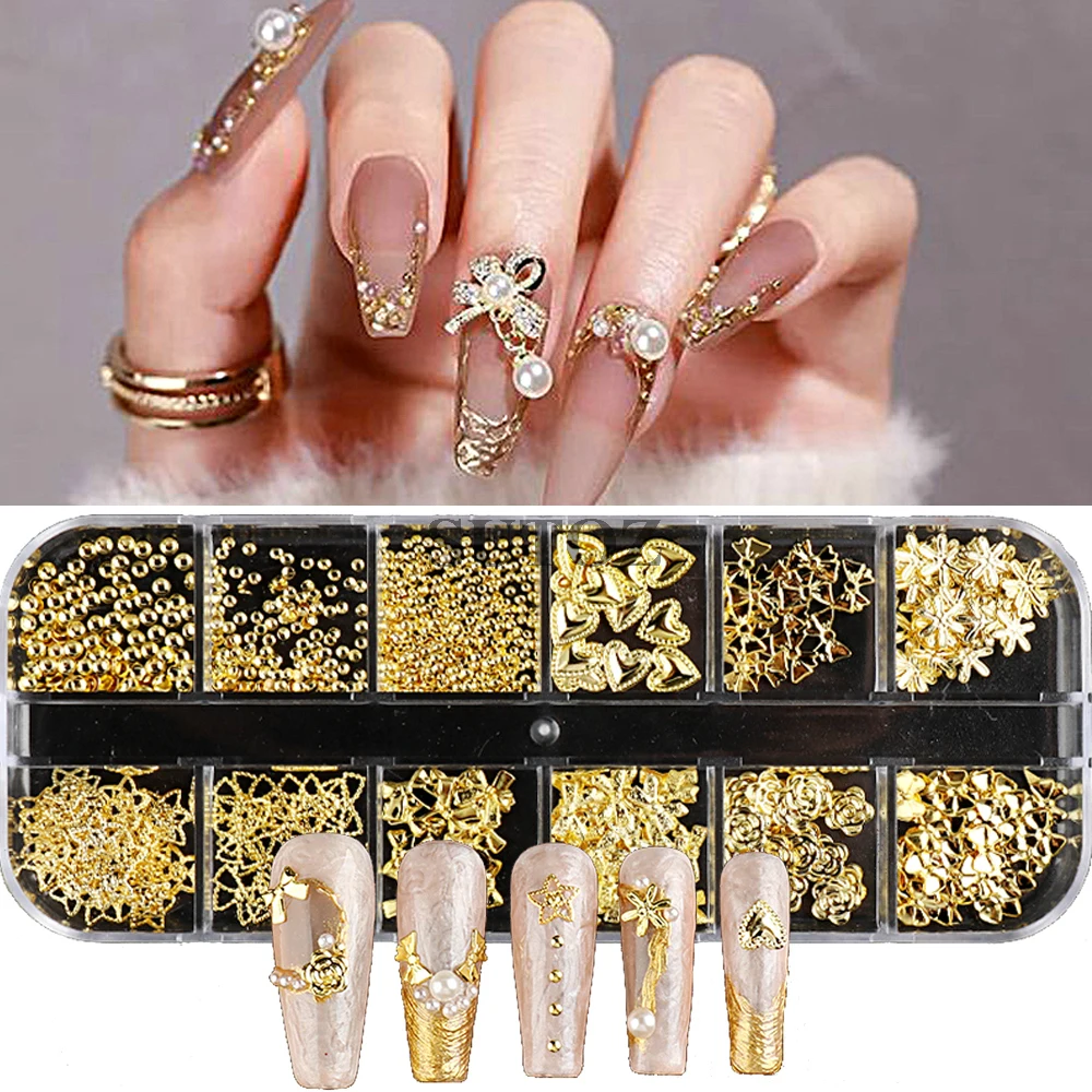 3d encantos de metal para nail art decoração, ouro e liga de prata, flores, arco, amor, coração, brilhante, diy, manicure acessórios, leb12g-hd01