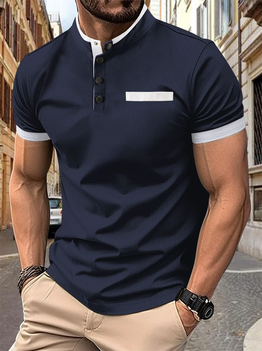 2024 Summer men's new Henry Neck short-sleeved polo shirt Business casual button fashion breathable T-shirt