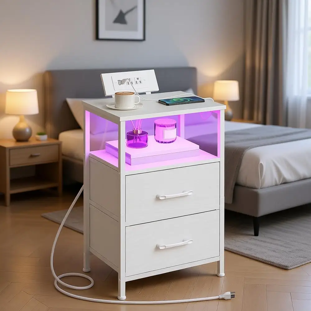 

Dual USB Nightstand with LED Bedside Table and Fabric Drawers, End Table with AC Outlets and USB Port, Small Bedroom Nightstand