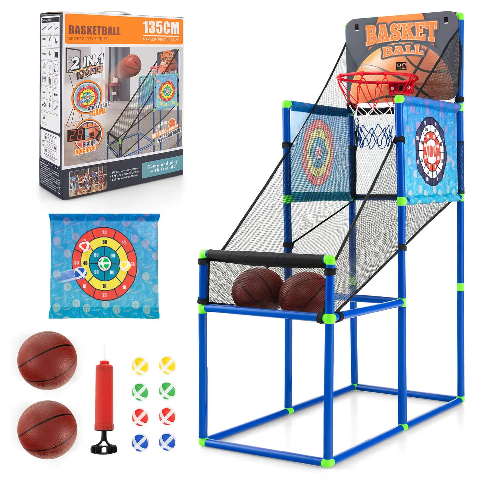 2-in-1 Kids Basketball Arcade & Sticky Balls Game w/Electronic Scoreboard Sound