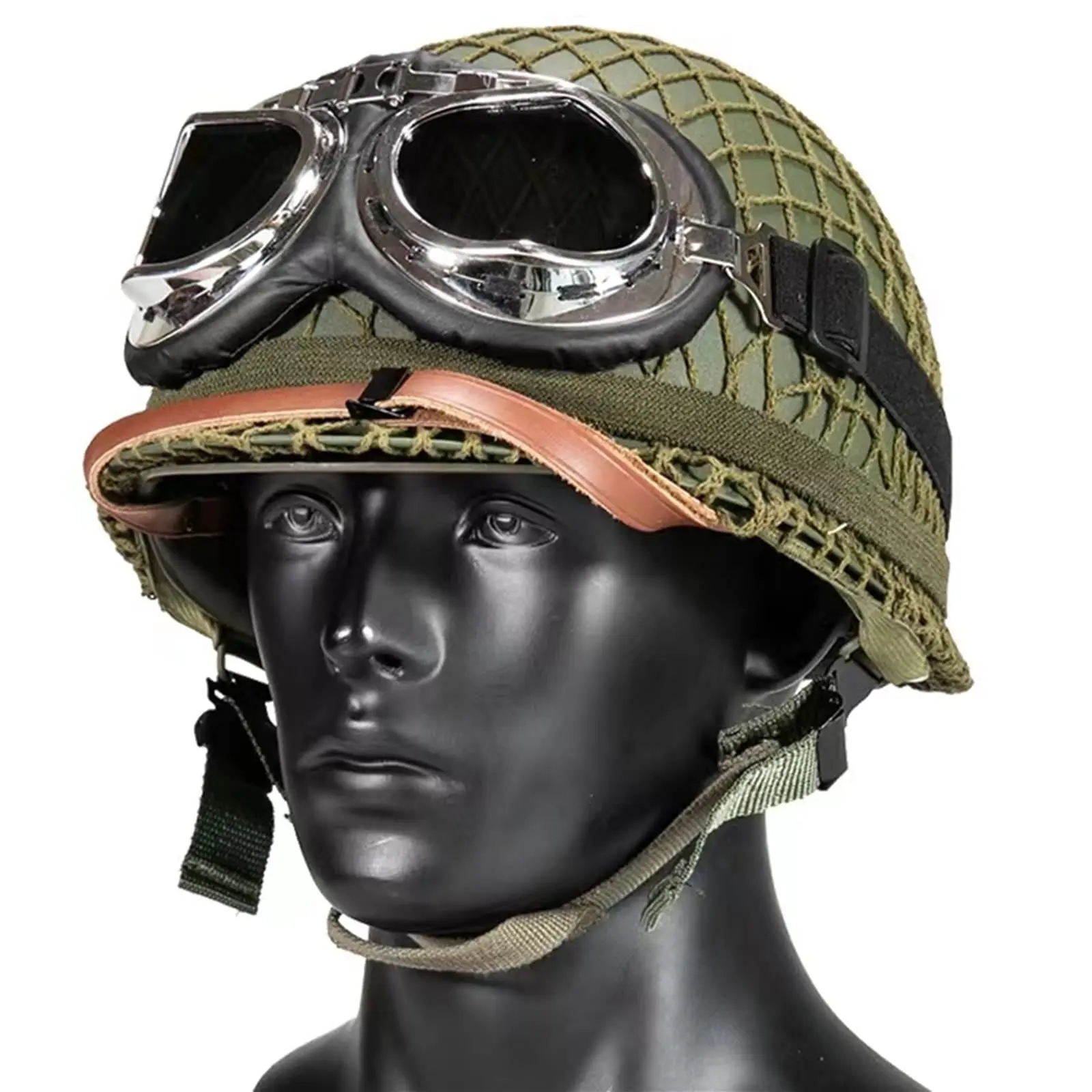 Outdoor Green WW2 US M1 Helmet Steel Field Reproduction with Net Cover cat Eye Belt Airsoft Goggles for Hunting Shooting