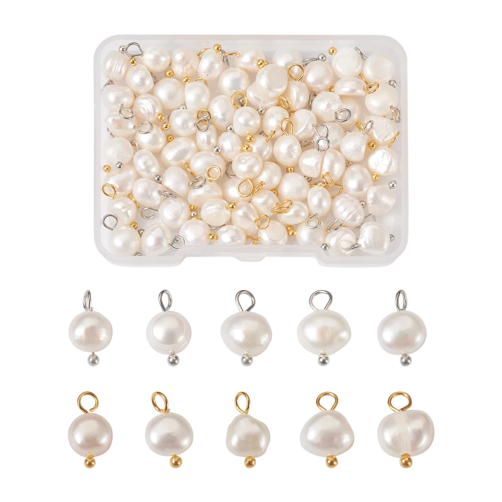 80Pcs Natural Cultured Freshwater White Pearl Charms Oval Golden & Platinum Color Pendant Earring Choker Necklace Jewelry Making