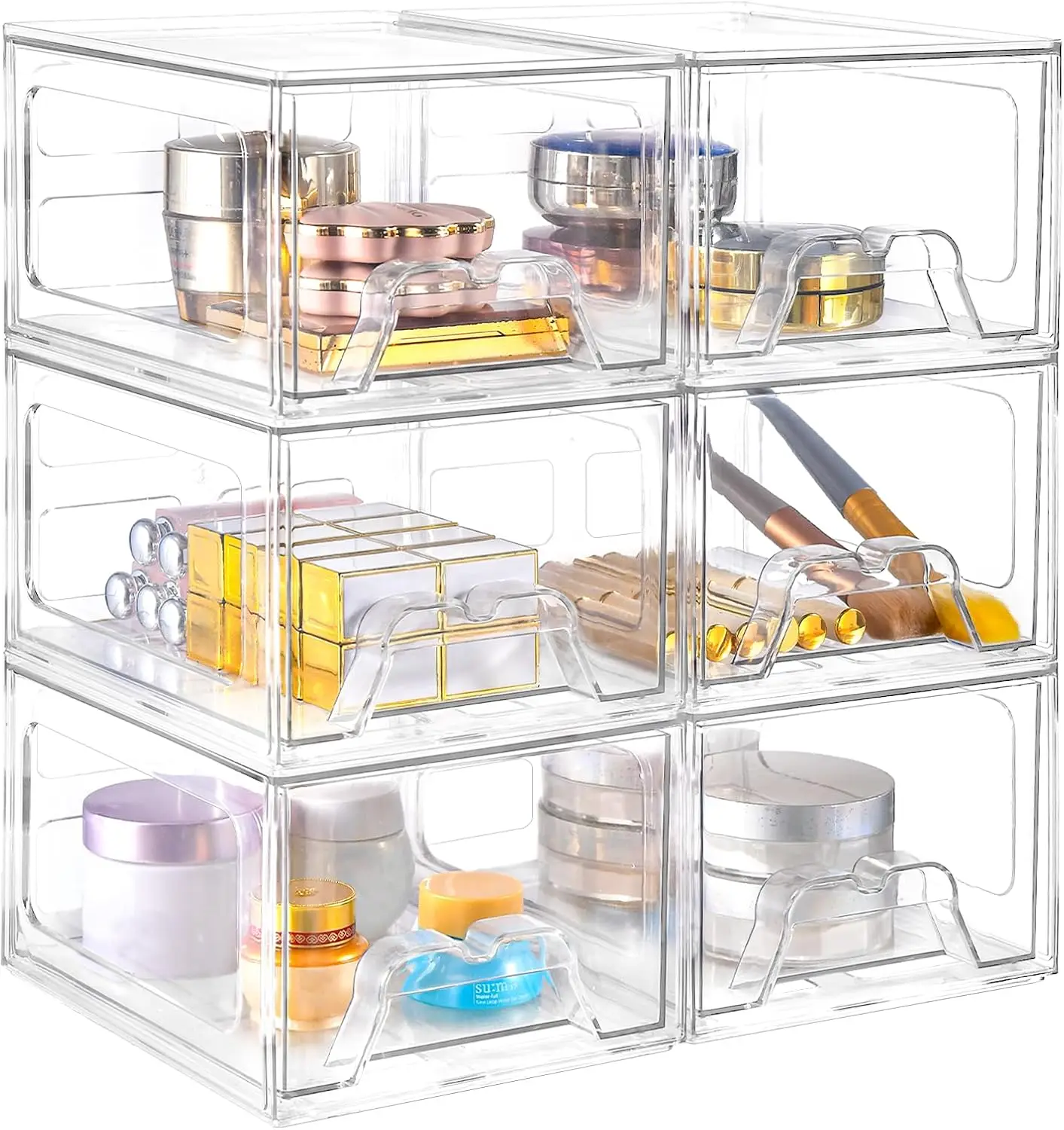 

6-Pack Clear Acrylic Stackable Drawer Organizers with Handles for Makeup, Bathroom, Kitchen Storage