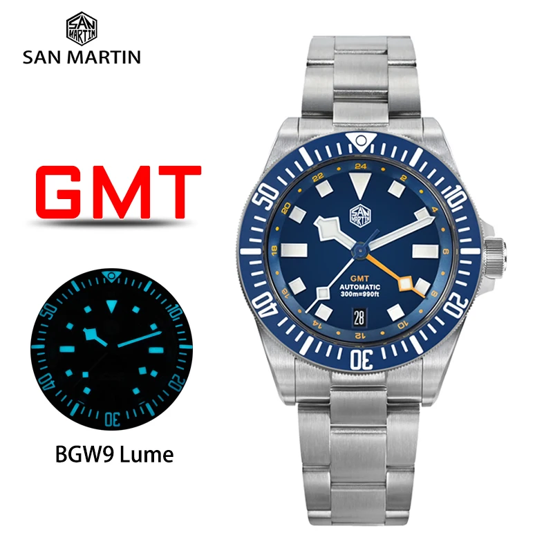 San martin-自動機械式腕時計,発光サファイアガラス,gmt Watch,sn0121b,bgw9,発光,39mm, 300m,bgw9