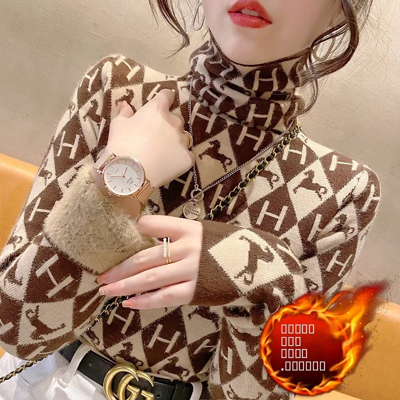 

Faionable цельный женский свитер с высоким воротником Fce, зимняя теплая внутренняя одежда, облегающий длинный топ с принтом