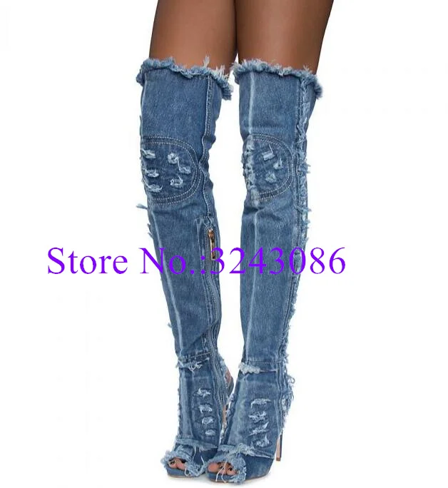 Sexy Blue Denim Over the Knee Sandals Boots Lady Fashion Peep Toe Slingback Thin Heel Long Boots Woman New Party Shoes Dropship