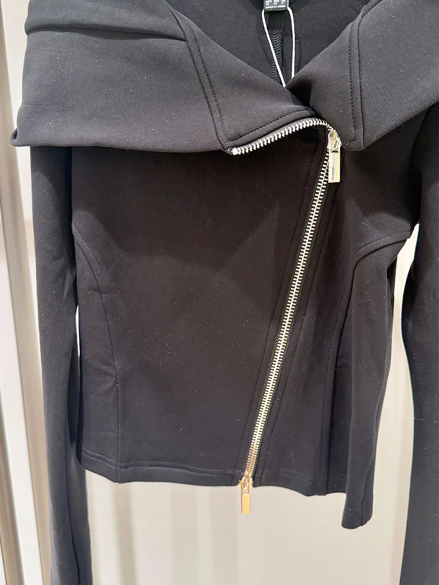 Elegant Vintage Charm Spring Autumn Asymmetric Zipper Hoodie Jacket Long Sleeve Casual Style Standard Fit Ladies Outerwear