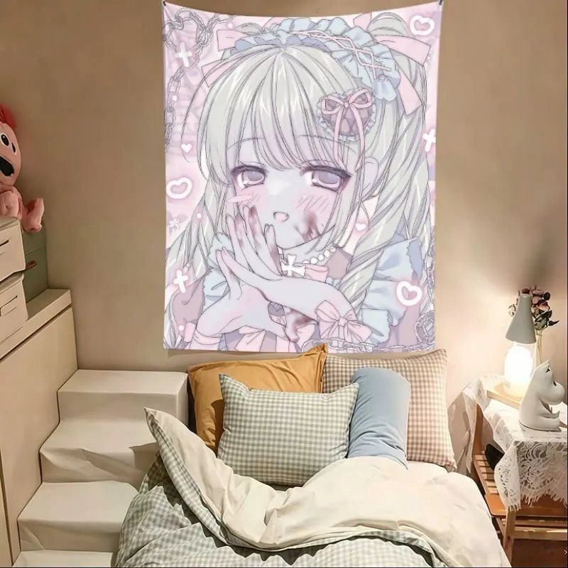 VIKAMA Pink Coquette Anime Girl Tapestry Wall Hanging Strawberry Handbag Sweet Lolita Aesthetic Wall Art Bedroom Dorm Decor
