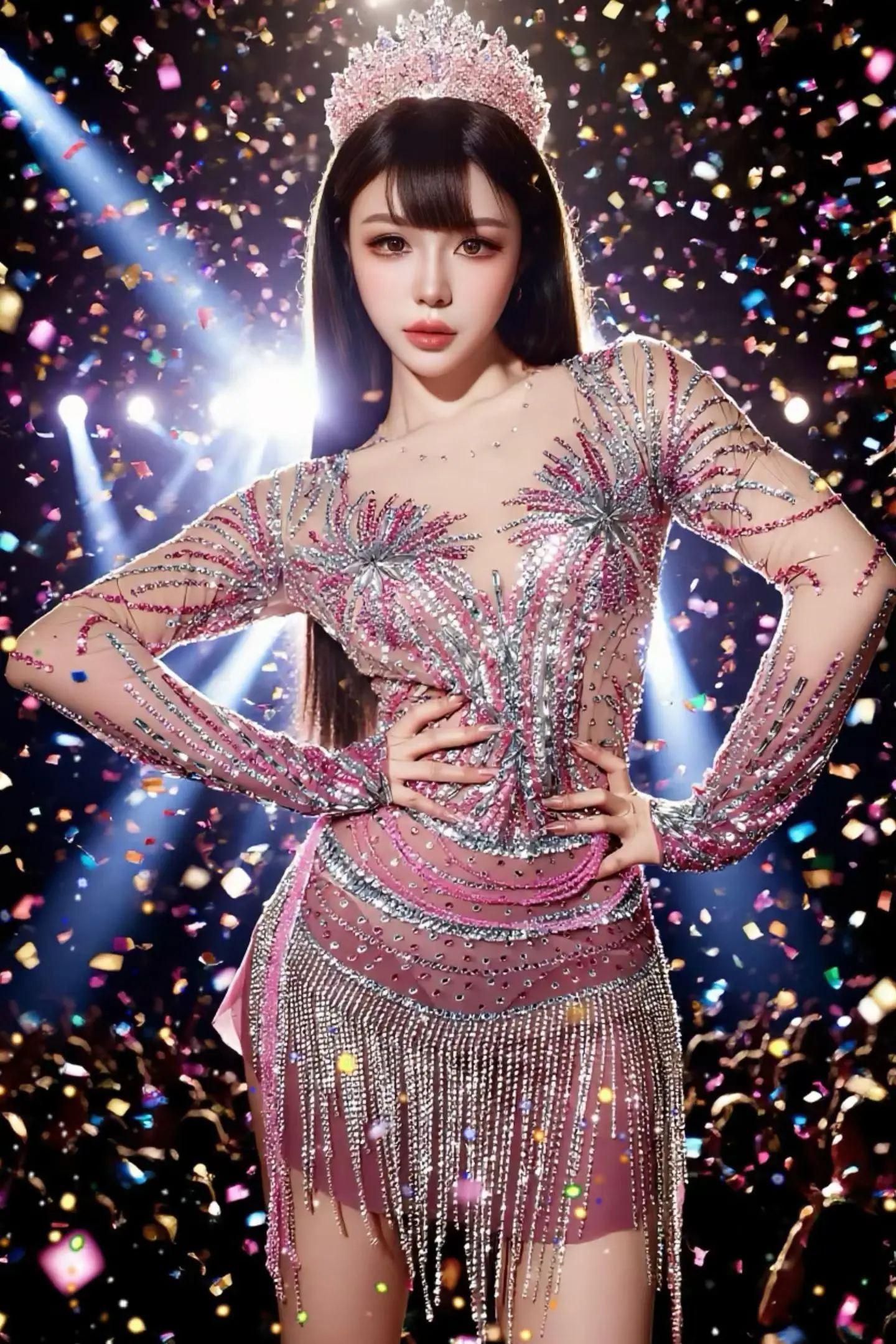 Feilinfen Green Print Mesh Fringe Dress One Long Sleeve High Neck Tassel Rhinestone Latin Dance Competition Stage Outfit view 3