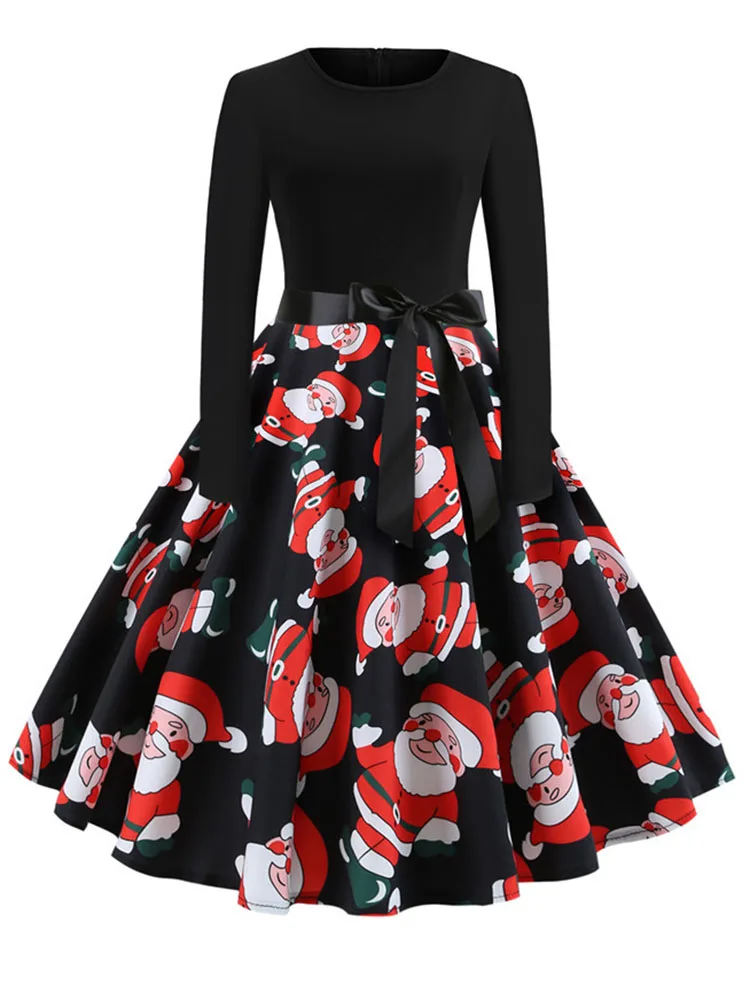 Women\'s Plaid Print Vintage Long Sleeve Dress Christmas Casual Robe Elegant Party Dress Femme Vestidos