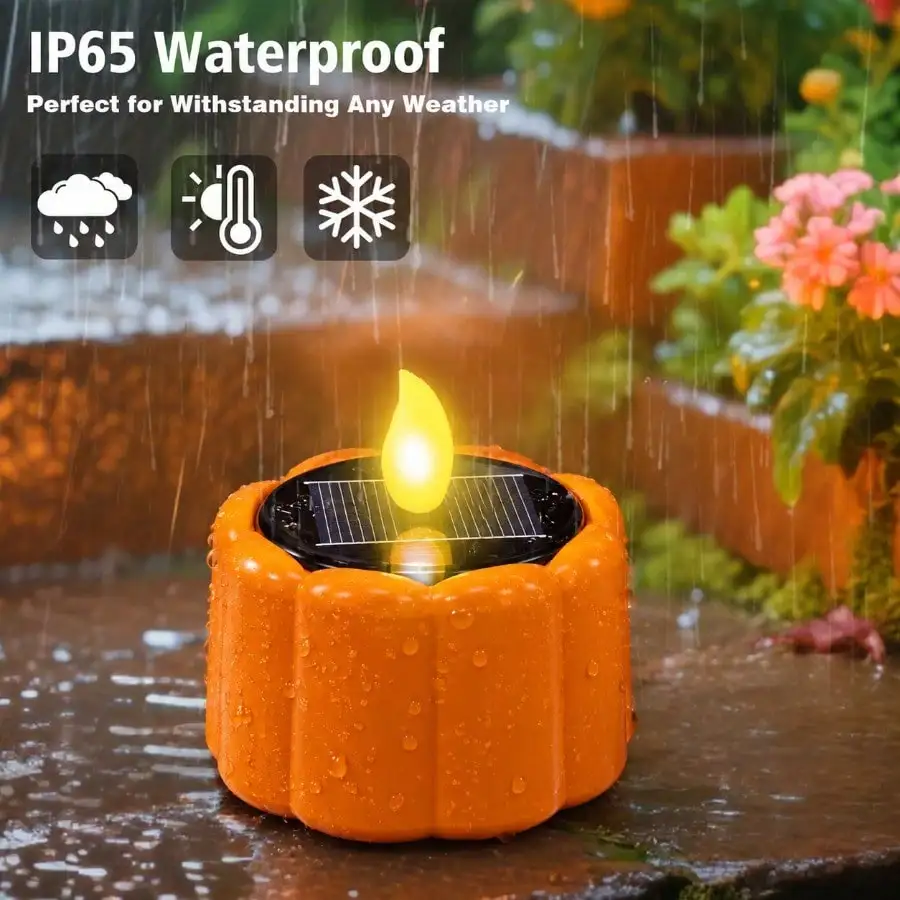 6 Pack Solar Pumpkin Lights, Waterproof Flameless Flickering LED Candles With Dusk-To-Dawn Sensor, Reusable Outdoor Lights For Halloween Lanterns, Garden, Patio & Party Decor