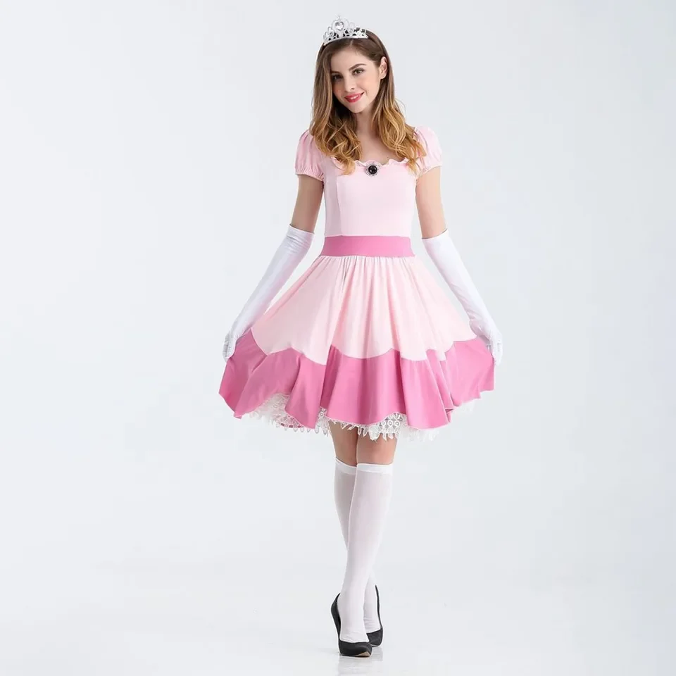 

Adult Princess Peach Costume Short Dress With Gloves Crown Women Cosplay Party Carnival Halloween Masquerade Outfits