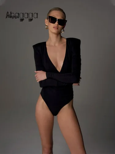 Ahagaga-body a la moda para mujer, Tops básicos lisos regulares de manga larga con cuello en V profundo, ropa de calle ajustada, camisetas femeninas ajustadas